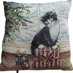 Christmas Tapestry Pillow Square Kitty Cat Tree Window Present Bess Velvet Back